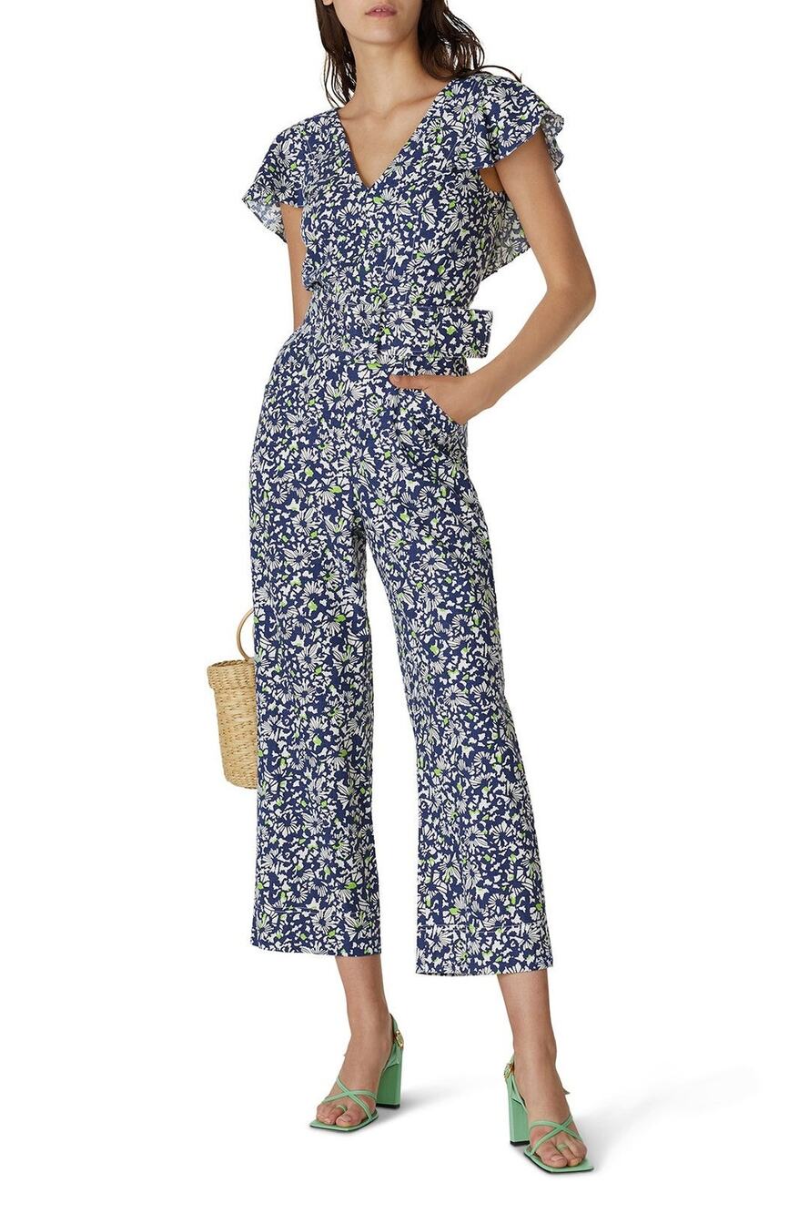 NWOT Tanya Taylor Avalon Blue Floral Linen Belted Jumpsuit Size 0